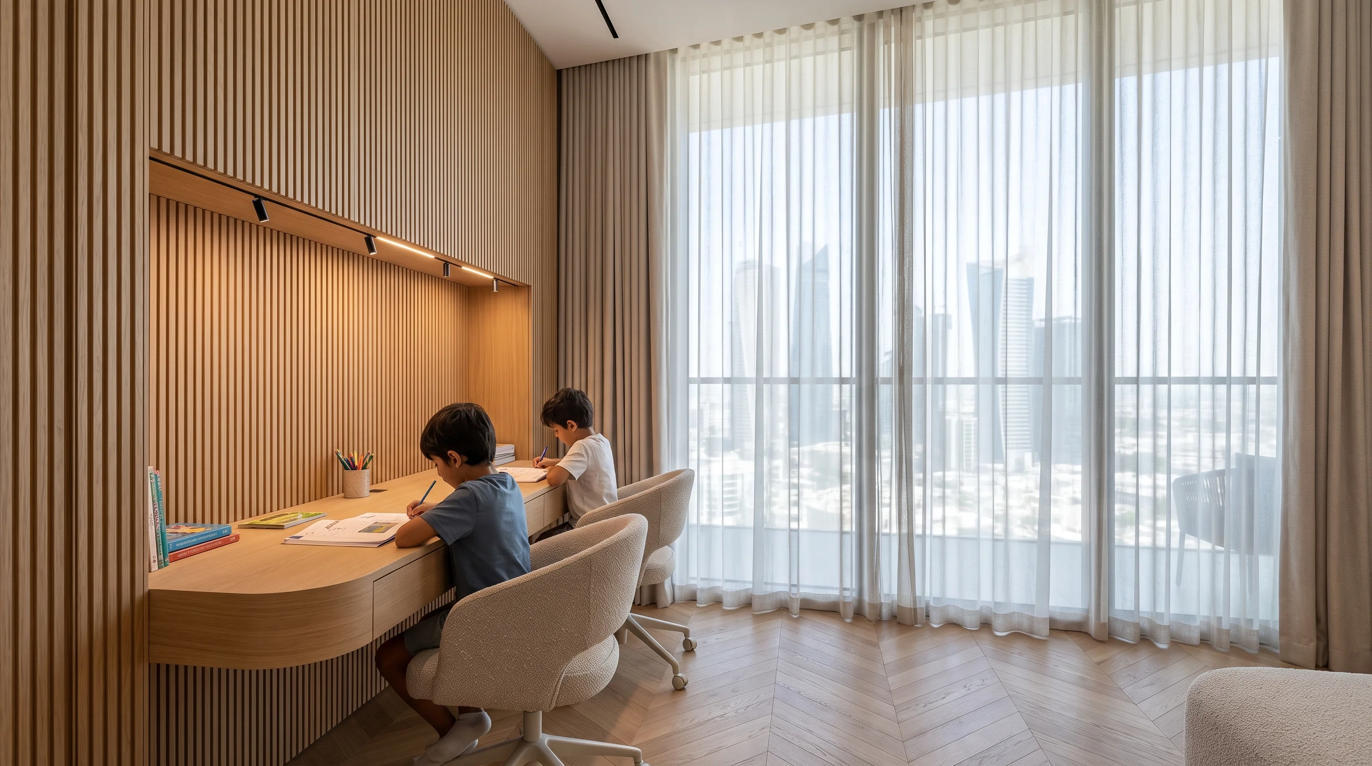 Symmetrical dual study station in West Bay Lagoon villa